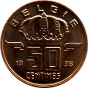 Belgium 50 Centimes Baudouin I. Dutch Text. Smaller Head 1998 KM# 149.1 BELGIË 19 50 CENTIMES 56 coin reverse Belgium 50 Centimes Baudouin I. Dutch Text. Smaller Head 1998 KM# 149.1 BELGIË 19 50 CENTIMES 56 coin reverse