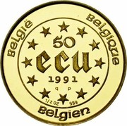 Belgium 50 ECU Charlemagne 1991 (qp) Proof KM# 184 BELGIË BELGIQUE BELGIEN 50 ECU 1991 Q P 1/2 OZ 999 coin reverse