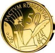 Belgium 50 Euro 50th Anniversary of Treaty of Rome 2007 Proof KM# 261 50 PACTUM ROMANUM coin reverse Belgium 50 Euro 50th Anniversary of Treaty of Rome 2007 Proof KM# 261 50 PACTUM ROMANUM coin reverse