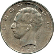Belgium 50 Francs KM# 122.2 Decimal Coinage LEOPOLD III 1939 RAU coin obverse Belgium 50 Francs KM# 122.2 Decimal Coinage LEOPOLD III 1939 RAU coin obverse