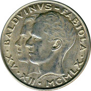 Belgium 50 Francs King Baudouin's marriage 1960 KM# 152.1 BALDVINVS FABIOLA C. VAN DIONANT XV XII MCMLX coin obverse