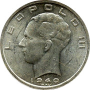 Belgium 50 Francs Leopold III 1940 KM# 122.3 LEOPOLD III 1940 RAU coin obverse Belgium 50 Francs Leopold III 1940 KM# 122.3 LEOPOLD III 1940 RAU coin obverse