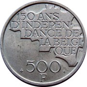 Belgium 500 Francs 150th Anniversary of Independence ND KM# 161 150 ANS D'INDEPENDANCE DE LA BELGIQUE 500 F coin reverse Belgium 500 Francs 150th Anniversary of Independence ND KM# 161 150 ANS D'INDEPENDANCE DE LA BELGIQUE 500 F coin reverse