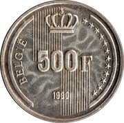 Belgium 500 Francs (60th Birthday of King Baudouin) KM# 178 BELGIË 500 F 1990 coin reverse Belgium 500 Francs (60th Birthday of King Baudouin) KM# 178 BELGIË 500 F 1990 coin reverse