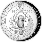 Australia 8 Dollars 30th Anniversary Australian Kookaburra 2020 Proof ELIZABETH II AUSTRALIA 8 DOLLARS 1990 2020 coin obverse Australia 8 Dollars 30th Anniversary Australian Kookaburra 2020 Proof ELIZABETH II AUSTRALIA 8 DOLLARS 1990 2020 coin obverse