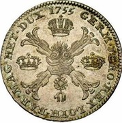Belgium Kronenthaler 1 Kronenthaler Franz I 1755 (a) KM# 22 GERM JERO REX LOTH BAR MAG HET DUX 1755 coin reverse Belgium Kronenthaler 1 Kronenthaler Franz I 1755 (a) KM# 22 GERM JERO REX LOTH BAR MAG HET DUX 1755 coin reverse