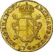 Belgium Souverain D'or Maria Theresia 1749 (h) R KM# 11 ARCH AUS DUX BURG BRAB C FL 1749 coin reverse Belgium Souverain D'or Maria Theresia 1749 (h) R KM# 11 ARCH AUS DUX BURG BRAB C FL 1749 coin reverse