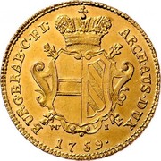 Belgium Souverain D'or Maria Theresia 1759 W-Wi KM# 23 ARCH AUS DUX BURG BRAB C FL 1759 coin reverse Belgium Souverain D'or Maria Theresia 1759 W-Wi KM# 23 ARCH AUS DUX BURG BRAB C FL 1759 coin reverse