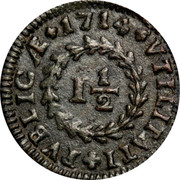 Portugal 1 1/2 Reis 1714 KM# 193 Kingdom Milled coinage I 1/2 VTILITATI PVBLICÆ coin obverse Portugal 1 1/2 Reis 1714 KM# 193 Kingdom Milled coinage I 1/2 VTILITATI PVBLICÆ coin obverse