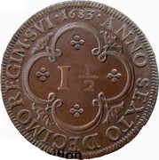 Portugal 1 1/2 Reis Pedro Prince Regent 1683 KM# 128 ANNO SEXTO DECIMO REGIM·SVI I 1/2 coin reverse Portugal 1 1/2 Reis Pedro Prince Regent 1683 KM# 128 ANNO SEXTO DECIMO REGIM·SVI I 1/2 coin reverse