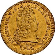 Portugal 1/2 Escudo (800 Reis) 1722 INCM L KM# 210 Kingdom Milled coinage INCM JOANNES V D G PORT ET ALG REX 1722 coin obverse Portugal 1/2 Escudo (800 Reis) 1722 INCM L KM# 210 Kingdom Milled coinage INCM JOANNES V D G PORT ET ALG REX 1722 coin obverse