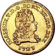 Portugal 1/2 Escudo (800 Reis) 1723 KM# 218.1 Kingdom Milled coinage IOANNES V D G PORT ET ALG REX 1723 coin obverse Portugal 1/2 Escudo (800 Reis) 1723 KM# 218.1 Kingdom Milled coinage IOANNES V D G PORT ET ALG REX 1723 coin obverse