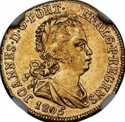 Portugal 1/2 Escudo (800 Reis) 1805 KM# 337 Kingdom Milled coinage JOANNES D G PORT ET ALG P REGENS coin obverse Portugal 1/2 Escudo (800 Reis) 1805 KM# 337 Kingdom Milled coinage JOANNES D G PORT ET ALG P REGENS coin obverse