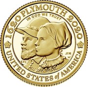 USA $10 400th Anniversary of the Mayflower Voyage 2020 W Proof 1620 PLYMOUTH 2020 IN GOD WE TRUST CTC JFM W AU 24K 1/4 OZ. UNITED STATES OF AMERICA.” coin reverse USA $10 400th Anniversary of the Mayflower Voyage 2020 W Proof 1620 PLYMOUTH 2020 IN GOD WE TRUST CTC JFM W AU 24K 1/4 OZ. UNITED STATES OF AMERICA.” coin reverse