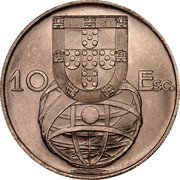 Portugal 10 Escudos 1954 KM# 586 Republic 10 ESC coin reverse Portugal 10 Escudos 1954 KM# 586 Republic 10 ESC coin reverse