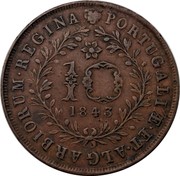 Portugal 10 Reis 1843 KM# 11 Portuguese Administration Provincial coinage PORTUGALLÆ ET ALG ARBORIUM REGINA 10 1843 coin reverse Portugal 10 Reis 1843 KM# 11 Portuguese Administration Provincial coinage PORTUGALLÆ ET ALG ARBORIUM REGINA 10 1843 coin reverse