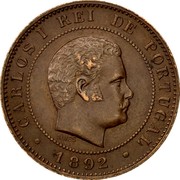 Portugal 10 Reis 1892 KM# 532 Kingdom Decimal coinage CARLOS I REI DE PORTUGAL 1892 ALVES coin obverse Portugal 10 Reis 1892 KM# 532 Kingdom Decimal coinage CARLOS I REI DE PORTUGAL 1892 ALVES coin obverse