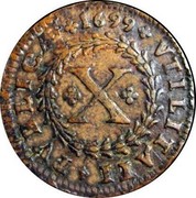 Portugal 10 Reis (X. 1/2 Vinten) Pedro II 1699 KM# 168 X VTILITATI PVBLICÆ coin reverse Portugal 10 Reis (X. 1/2 Vinten) Pedro II 1699 KM# 168 X VTILITATI PVBLICÆ coin reverse