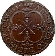 Portugal 10 Reis (X. 1/2 Vinten) Pedro Prince Regent 1683 KM# 131 ANNO SEXTO.DECIMO REGIM.SVI. coin reverse Portugal 10 Reis (X. 1/2 Vinten) Pedro Prince Regent 1683 KM# 131 ANNO SEXTO.DECIMO REGIM.SVI. coin reverse