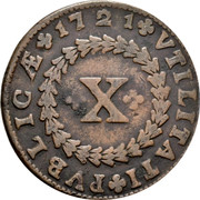 Portugal 10 Reis (X) 1721 KM# 191 Kingdom Milled coinage VTILITATI PVBLICÆ X 1713 coin reverse Portugal 10 Reis (X) 1721 KM# 191 Kingdom Milled coinage VTILITATI PVBLICÆ X 1713 coin reverse