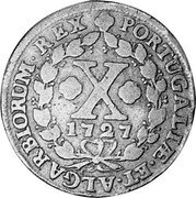 Portugal 10 Reis (X) 1727 KM# 217 Kingdom Milled coinage PORTUGALIÆ ET ALGARBIORUM REX X 1724 coin reverse Portugal 10 Reis (X) 1727 KM# 217 Kingdom Milled coinage PORTUGALIÆ ET ALGARBIORUM REX X 1724 coin reverse