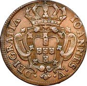 Portugal 10 Reis (X) 1737 KM# 227 Kingdom Milled coinage PORTUGALIÆ ET ALGARBIORUM REX X 1737 coin obverse Portugal 10 Reis (X) 1737 KM# 227 Kingdom Milled coinage PORTUGALIÆ ET ALGARBIORUM REX X 1737 coin obverse