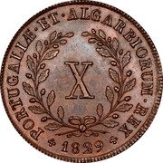 Portugal 10 Reis Miguel I 1829 KM# 390 PORTUGALIAE ET ALGARBIORUM REX X 1831 coin reverse Portugal 10 Reis Miguel I 1829 KM# 390 PORTUGALIAE ET ALGARBIORUM REX X 1831 coin reverse