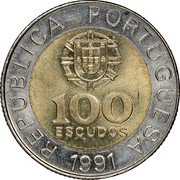 Portugal 100 Escudos 1991 KM# 645.1 Republic REPUBLICA PORTUGUESA 100 ESCUDOS 2000 coin obverse Portugal 100 Escudos 1991 KM# 645.1 Republic REPUBLICA PORTUGUESA 100 ESCUDOS 2000 coin obverse