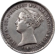 Portugal 100 Reis 1843 KM# 473 Kingdom Decimal coinage MARIA II PORTUG ET ALGARB REGINA coin obverse Portugal 100 Reis 1843 KM# 473 Kingdom Decimal coinage MARIA II PORTUG ET ALGARB REGINA coin obverse