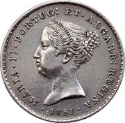 Portugal 100 Reis 1851 KM# 485 Kingdom Decimal coinage MARIA II PORTUG ET ALGARB REGINA 1851 coin obverse Portugal 100 Reis 1851 KM# 485 Kingdom Decimal coinage MARIA II PORTUG ET ALGARB REGINA 1851 coin obverse