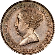 Portugal 100 Reis 1853 KM# 488 Kingdom Decimal coinage MARIA II PORTUG ET ALGARB REGINA 1853 coin obverse Portugal 100 Reis 1853 KM# 488 Kingdom Decimal coinage MARIA II PORTUG ET ALGARB REGINA 1853 coin obverse