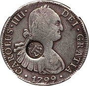 Portugal 1200 Reis ND KM# 29.3 Portuguese Administration Countermarked coinage (1887 Decree) CAROLUS IIII DEI GRATIA 1799 coin obverse Portugal 1200 Reis ND KM# 29.3 Portuguese Administration Countermarked coinage (1887 Decree) CAROLUS IIII DEI GRATIA 1799 coin obverse