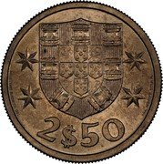 Portugal 2 $ 50 1963 KM# 590 Republic 2$50 MARTINS BARATA DEL. M. NORTE SCULP. coin reverse Portugal 2 $ 50 1963 KM# 590 Republic 2$50 MARTINS BARATA DEL. M. NORTE SCULP. coin reverse