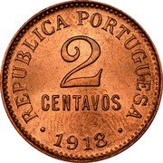 Portugal 2 Centavos 2 Centavo 1918 KM# 568 REPUBLICA PORTUGUESA 2 CENTAVOS 1918 coin obverse