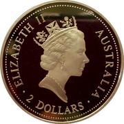 Australia 2 Dollars Kookaburra. 50 Years beyond WW2 privy mark 1995 Proof KM# 290.6 ELIZABETH II AUSTRALIA 2 DOLLARS coin obverse Australia 2 Dollars Kookaburra. 50 Years beyond WW2 privy mark 1995 Proof KM# 290.6 ELIZABETH II AUSTRALIA 2 DOLLARS coin obverse
