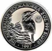 Australia 2 Dollars Kookaburra. Crown 1937 privy mark 1997 Proof KM# 319.1 THE AUSTRALIAN KOOKABURRA 2 OZ. 999 SILVER 1997 coin reverse Australia 2 Dollars Kookaburra. Crown 1937 privy mark 1997 Proof KM# 319.1 THE AUSTRALIAN KOOKABURRA 2 OZ. 999 SILVER 1997 coin reverse