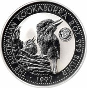 Australia 2 Dollars Kookaburra. Shilling 1937 privy mark 1997 Proof KM# 319.3 THE AUSTRALIAN KOOKABURRA 2 OZ. 999 SILVER 1997 coin reverse Australia 2 Dollars Kookaburra. Shilling 1937 privy mark 1997 Proof KM# 319.3 THE AUSTRALIAN KOOKABURRA 2 OZ. 999 SILVER 1997 coin reverse