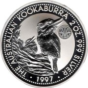Australia 2 Dollars Kookaburra. Threepence 1937 privy mark 1997 Proof KM# 319.4 THE AUSTRALIAN KOOKABURRA 2 OZ. 999 SILVER 1997 coin reverse Australia 2 Dollars Kookaburra. Threepence 1937 privy mark 1997 Proof KM# 319.4 THE AUSTRALIAN KOOKABURRA 2 OZ. 999 SILVER 1997 coin reverse