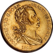 Portugal 2 Escudos (1/2 Peca. 3200 Reis) 1822 KM# 363 Kingdom Milled coinage JOANNES VI D G PORT BRASIL ET ALG REX 1822 coin obverse Portugal 2 Escudos (1/2 Peca. 3200 Reis) 1822 KM# 363 Kingdom Milled coinage JOANNES VI D G PORT BRASIL ET ALG REX 1822 coin obverse
