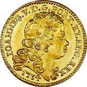 Portugal 2 Escudos 1734 KM# 220.9 Kingdom Milled coinage IOANNES V D G PORT ET ALG REX 1734 coin obverse Portugal 2 Escudos 1734 KM# 220.9 Kingdom Milled coinage IOANNES V D G PORT ET ALG REX 1734 coin obverse