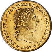 Portugal 2 Escudos 1827 KM# 379 Kingdom Milled coinage PETRUS IV D G PORTUGALIAE ET ALGARB REX 1827 coin obverse Portugal 2 Escudos 1827 KM# 379 Kingdom Milled coinage PETRUS IV D G PORTUGALIAE ET ALGARB REX 1827 coin obverse