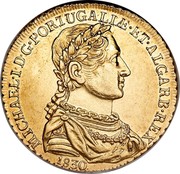 Portugal 2 Escudos 1830 KM# 396 Kingdom Milled coinage MICHAEL I D G PORTUGALIÆ ET ALGARB REX 1830 coin obverse Portugal 2 Escudos 1830 KM# 396 Kingdom Milled coinage MICHAEL I D G PORTUGALIÆ ET ALGARB REX 1830 coin obverse
