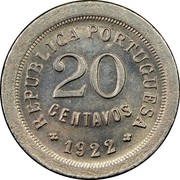 Portugal 20 Centavos 20 Centavos 1922 KM# 571 REPUBLICA PORTUGUESA 20 CENTAVOS 1922 coin obverse