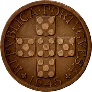 Portugal 20 Centavos 1945 KM# 584 Republic REPVBLICA PORTVGVESA 1945 coin obverse Portugal 20 Centavos 1945 KM# 584 Republic REPVBLICA PORTVGVESA 1945 coin obverse