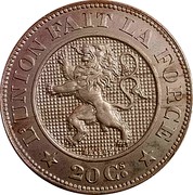 Belgium 20 Centimes Leopold I Pattern 1860 Pattern L'UNION FAIT LA FORCE 20 CS. coin reverse Belgium 20 Centimes Leopold I Pattern 1860 Pattern L'UNION FAIT LA FORCE 20 CS. coin reverse