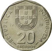 Portugal 20 Escudos 1989 INCM KM# 634.1 Republic REPUBLICA PORTUGUESA 20 ESCUDOS 1987 E.VAZ INCM coin obverse Portugal 20 Escudos 1989 INCM KM# 634.1 Republic REPUBLICA PORTUGUESA 20 ESCUDOS 1987 E.VAZ INCM coin obverse