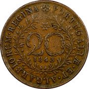 Portugal 20 Reis 1843 KM# 12 Portuguese Administration Provincial coinage PORTUGALIAE ET ALGARBIORUM REGINA 20 1843 coin reverse Portugal 20 Reis 1843 KM# 12 Portuguese Administration Provincial coinage PORTUGALIAE ET ALGARBIORUM REGINA 20 1843 coin reverse