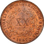 Portugal 20 Reis 1847 KM# 482 Kingdom Decimal coinage PORTUGALIÆ ET ALGARBIORUM REGINA X X 1855 coin reverse Portugal 20 Reis 1847 KM# 482 Kingdom Decimal coinage PORTUGALIÆ ET ALGARBIORUM REGINA X X 1855 coin reverse