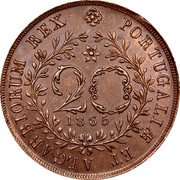 Portugal 20 Reis 1865 KM# 15 Portuguese Administration Provincial coinage PORTUGALIAE ET ALGARBIORUM REX 20 1865 coin reverse Portugal 20 Reis 1865 KM# 15 Portuguese Administration Provincial coinage PORTUGALIAE ET ALGARBIORUM REX 20 1865 coin reverse