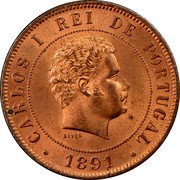 Portugal 20 Reis 1891 KM# 533 Kingdom Decimal coinage CARLOS I REI DE PORTUGAL ALVES 1892 coin obverse Portugal 20 Reis 1891 KM# 533 Kingdom Decimal coinage CARLOS I REI DE PORTUGAL ALVES 1892 coin obverse